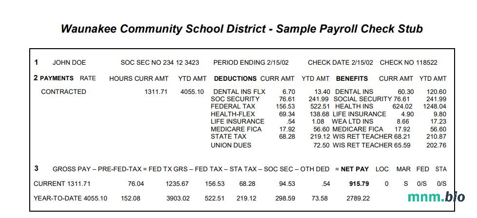 Waunakee Community School District payroll check stub Word and PDF template